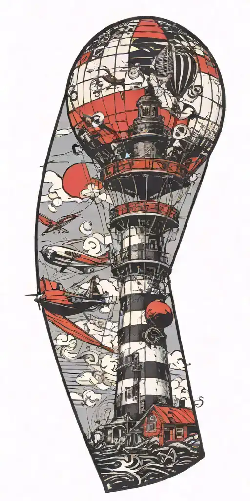 Lighthouse Hot Air Balloon And A Banner Plane A Tornado