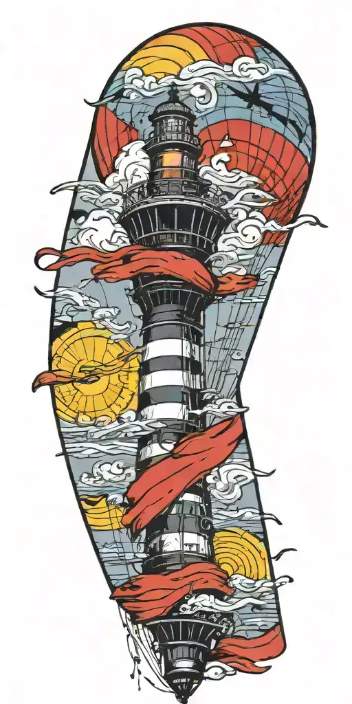 Lighthouse Hot Air Balloon And A Banner Plane A Tornado