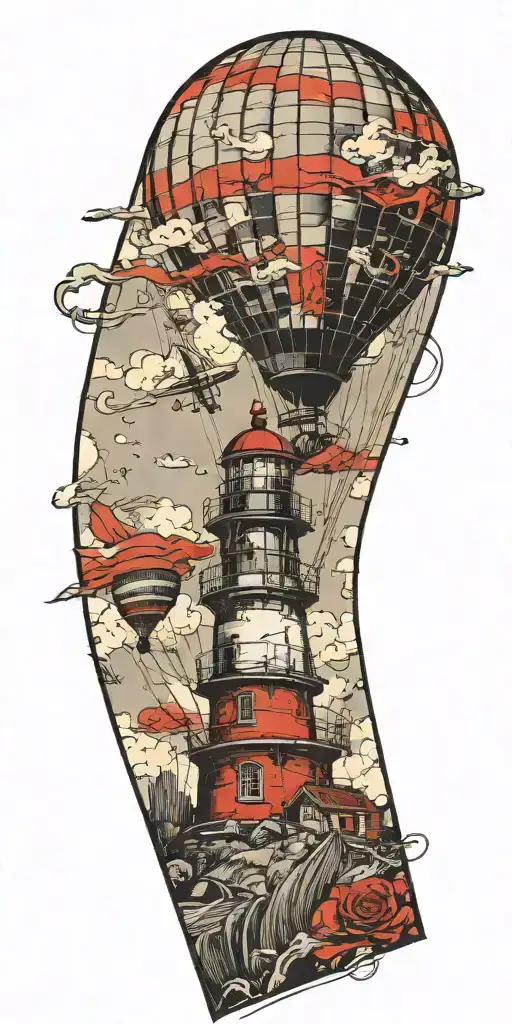 Lighthouse Hot Air Balloon And A Banner Plane A Tornado