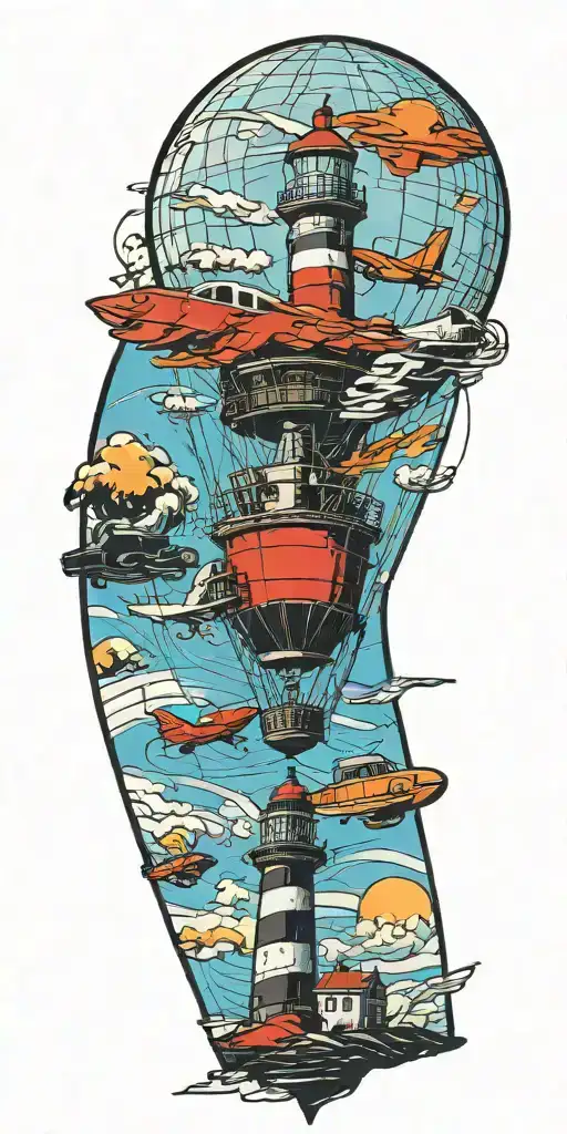 Lighthouse Hot Air Balloon And A Banner Plane A Tornado