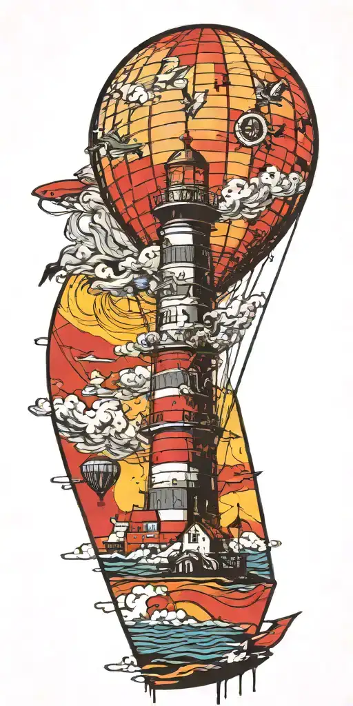Lighthouse Hot Air Balloon And A Banner Plane A Tornado