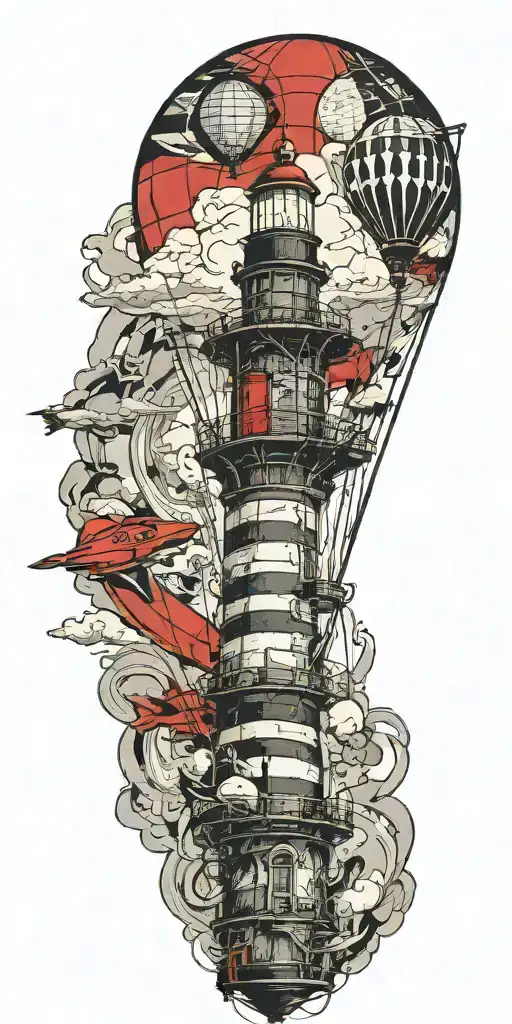 Lighthouse Hot Air Balloon And A Banner Plane A Tornado