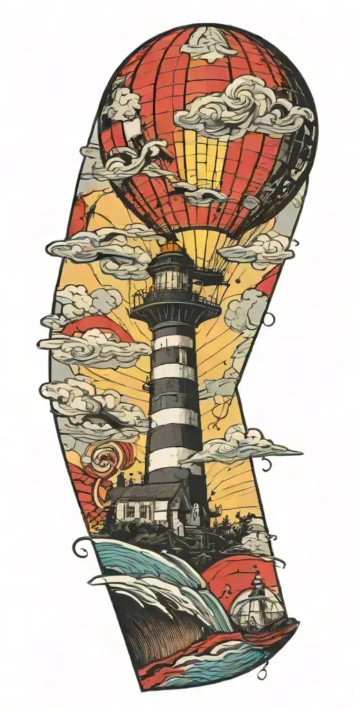 Lighthouse Hot Air Balloon And A Banner Plane A Tornado