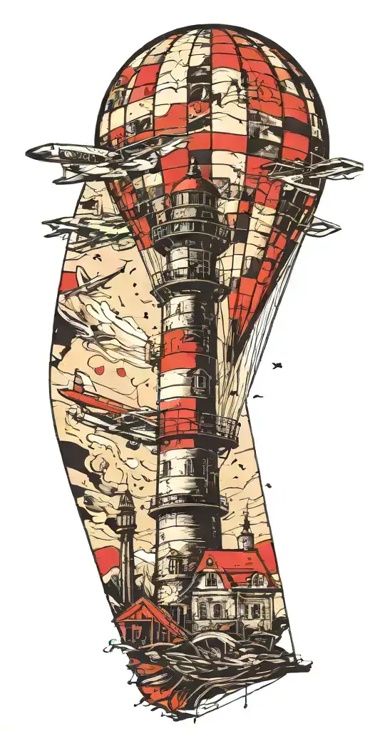 Lighthouse Hot Air Balloon And A Banner Plane A Tornado