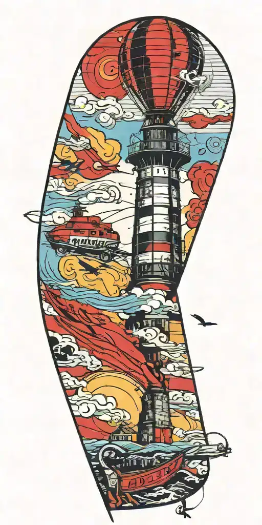 Lighthouse Hot Air Balloon And A Banner Plane A Tornado