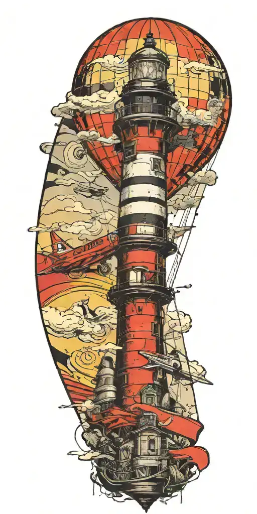 Lighthouse Hot Air Balloon And A Banner Plane A Tornado