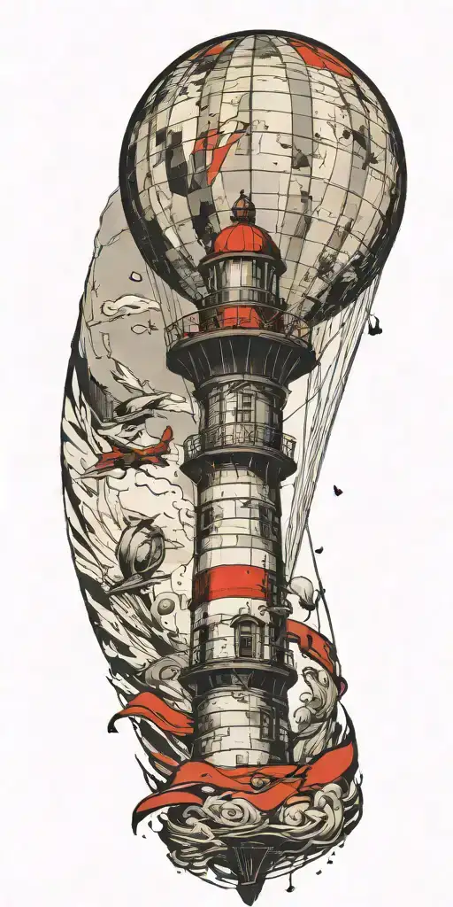 Lighthouse Hot Air Balloon And A Banner Plane A Tornado