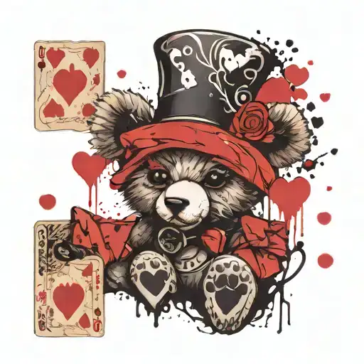 Female Voodoo Teddy Bear Wearing A Rogue Hat Surrounded By Playing Cards Hearts
