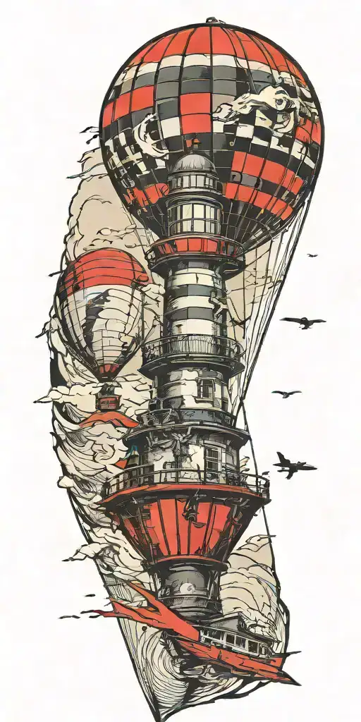 Lighthouse Hot Air Balloon And A Banner Plane A Tornado