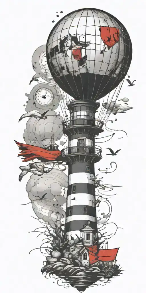 Lighthouse And A Hot Air Balloon Symbolizing Never Give Up In A Tornado