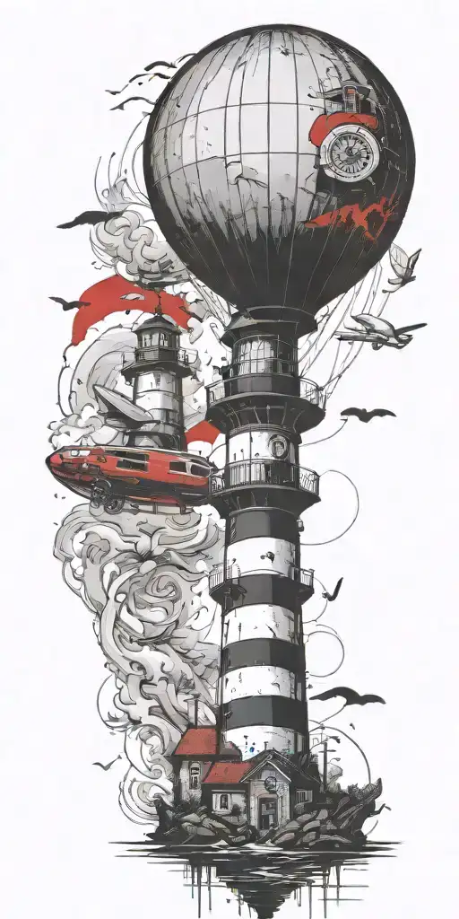 Lighthouse And A Blimp Symbolizing Never Give Up In A Tornado