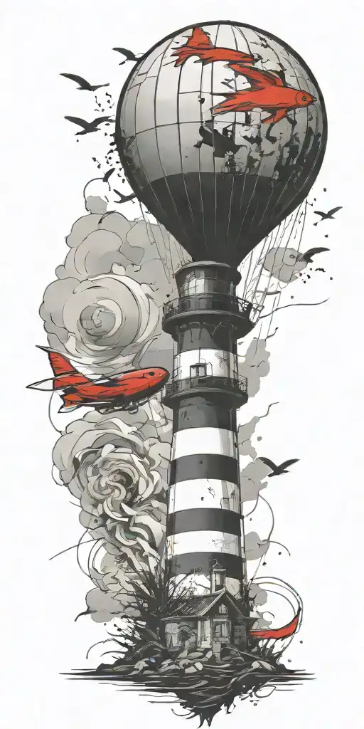 Lighthouse And A Blimp Symbolizing Never Give Up In A Tornado