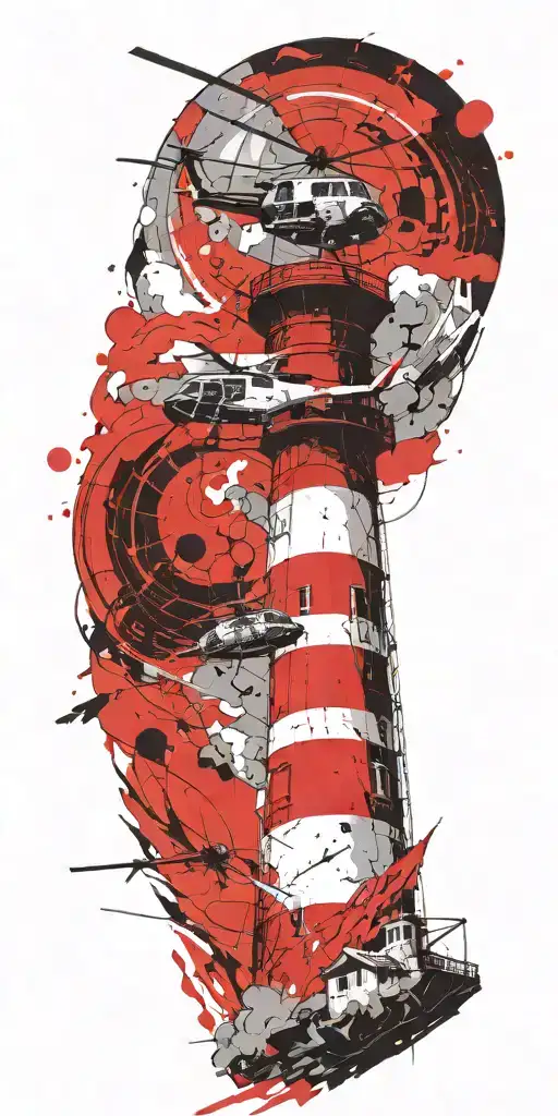 Lighthouse And Helicopter Being Destroyed In A Tornado
