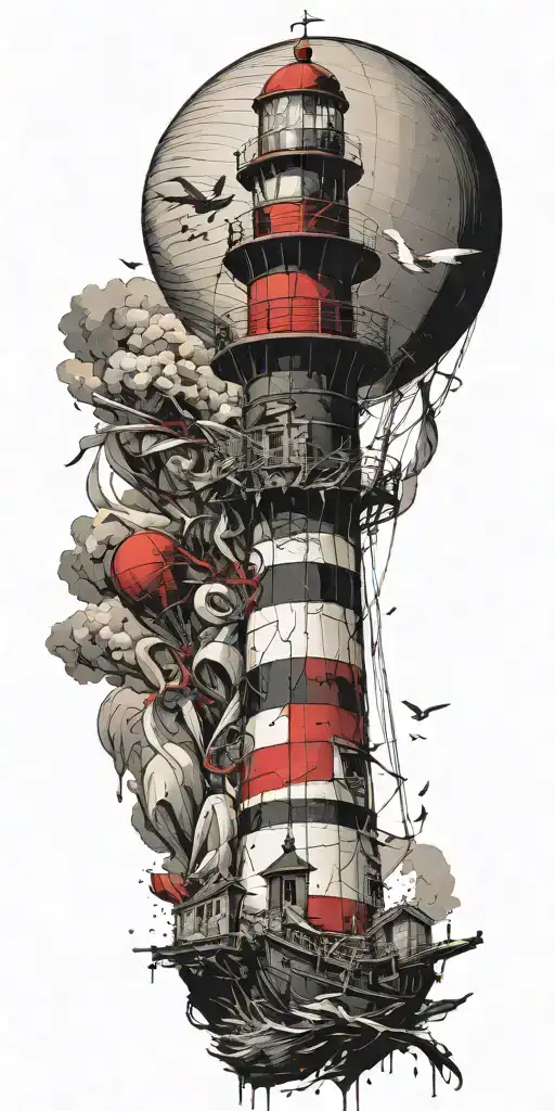 Lighthouse And Hot Air Balloon Being Destroyed In A Tornado