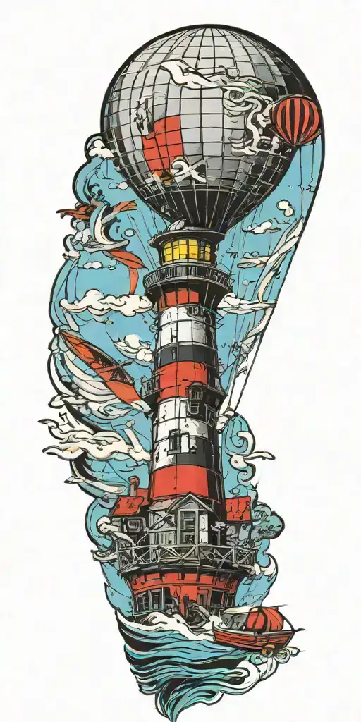 Lighthouse Hot Air Balloon And A Banner Plane A Tornado