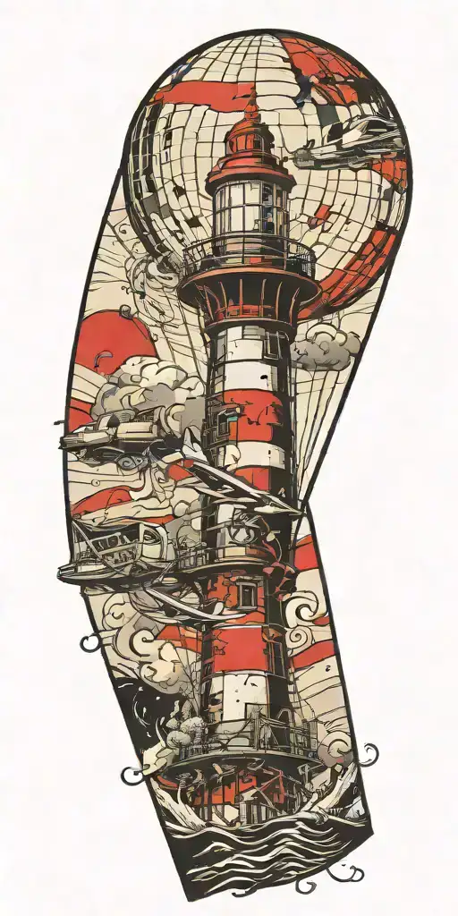 Lighthouse Hot Air Balloon And A Banner Plane A Tornado