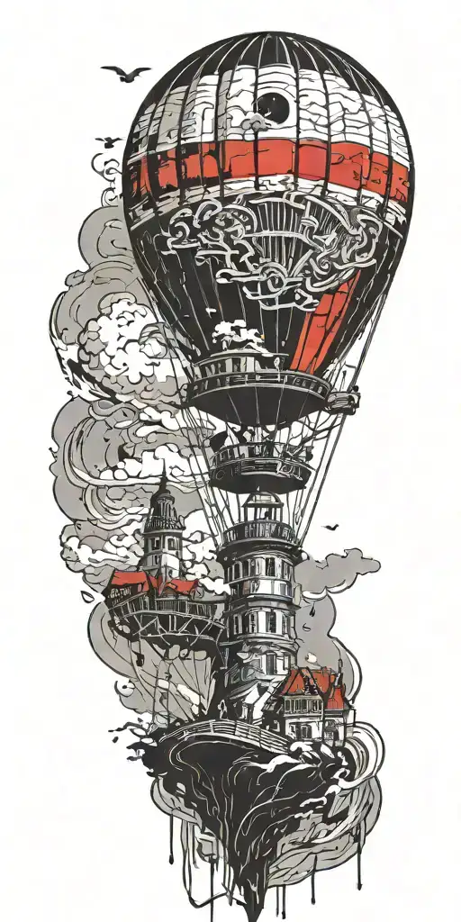 Lighthous And A Hot Air Balloon In A Tornado