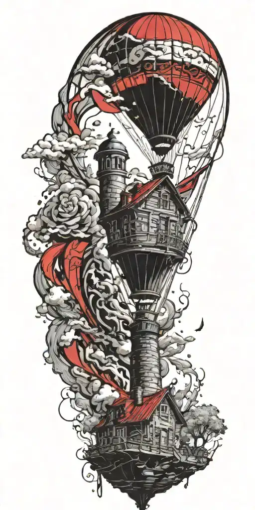 Lighthous And A Hot Air Balloon In A Tornado