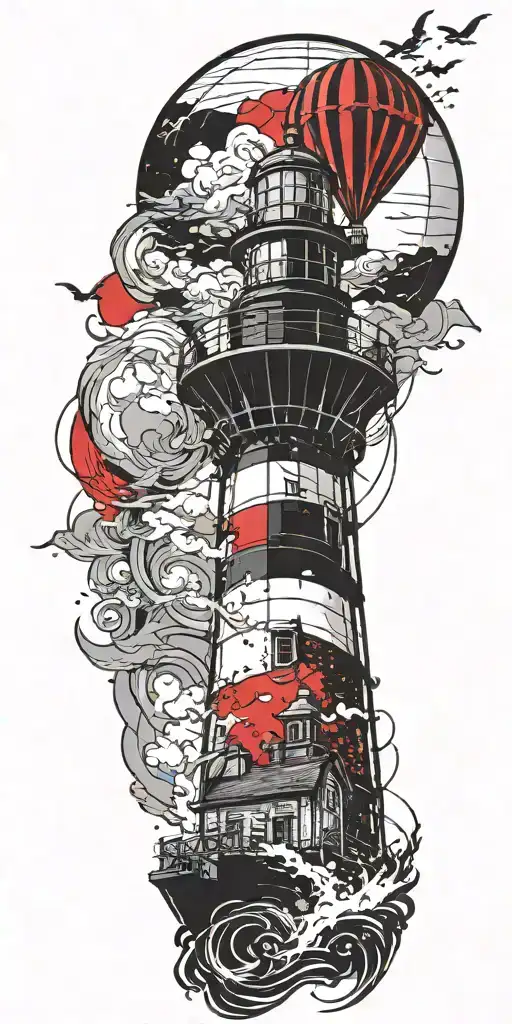 Lighthouse And A Hot Air Balloon In A Tornado