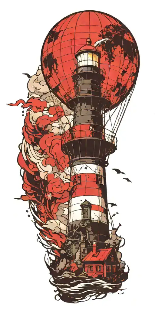 Lighthouse And A Hot Air Balloon In A Tornado