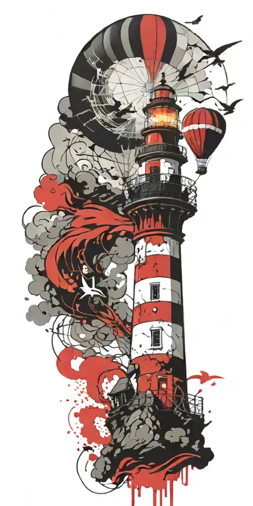 Lighthouse And A Hot Air Balloon In A Tornado
