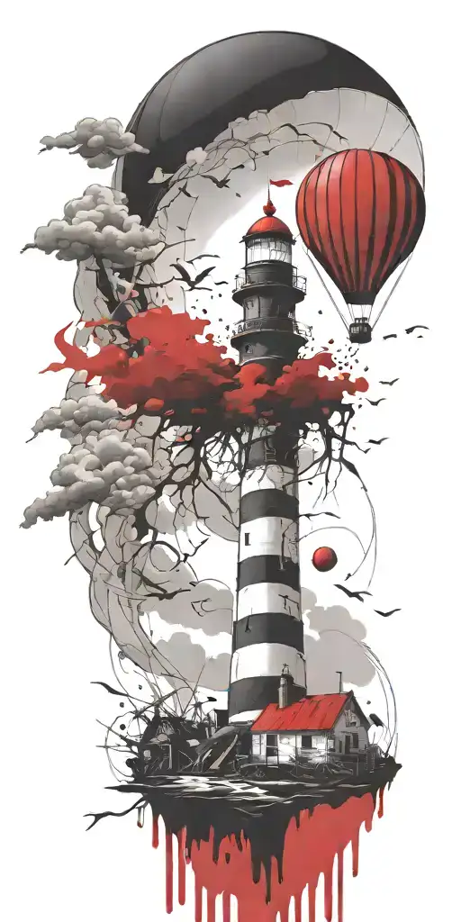 Lighthouse And A Hot Air Balloon In A Tornado