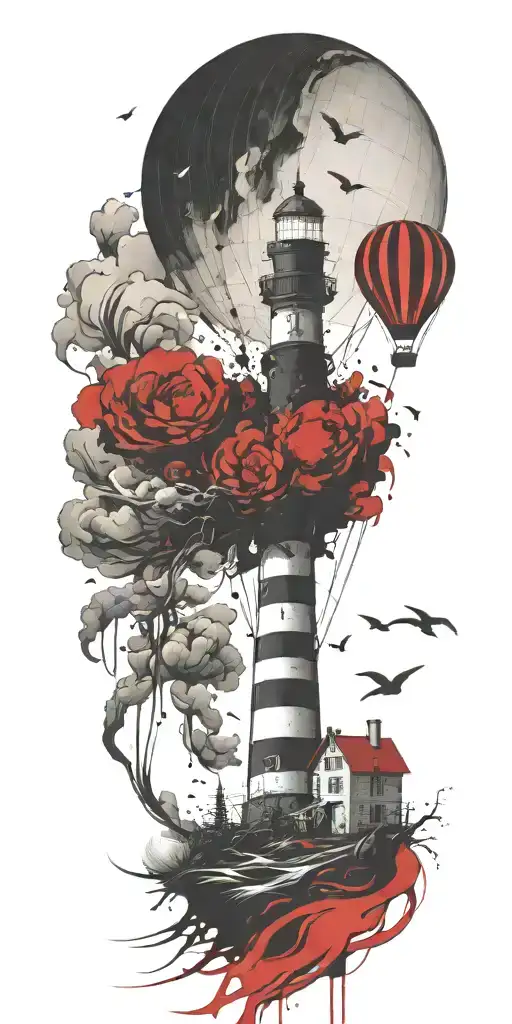 Lighthouse And A Hot Air Balloon In A Tornado