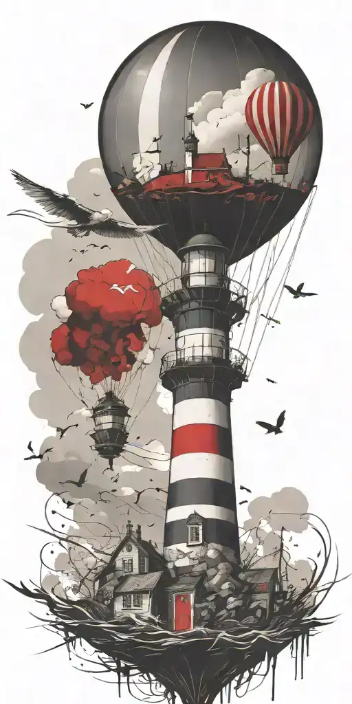 Lighthouse And A Hot Air Balloon In A Tornado