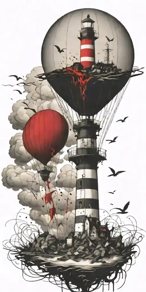 Lighthouse And A Hot Air Balloon In A Tornado