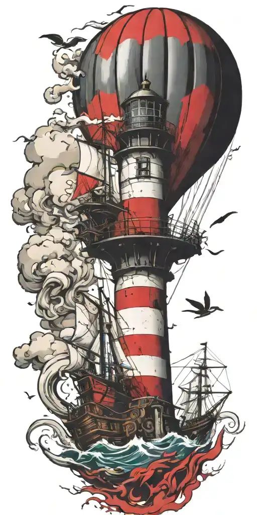 Lighthouse Pirate Ship And A Hot Air Balloon In A Tornado
