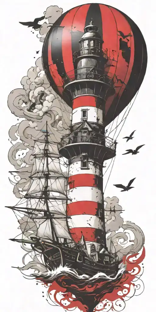 Lighthouse Pirate Ship And A Hot Air Balloon In A Tornado