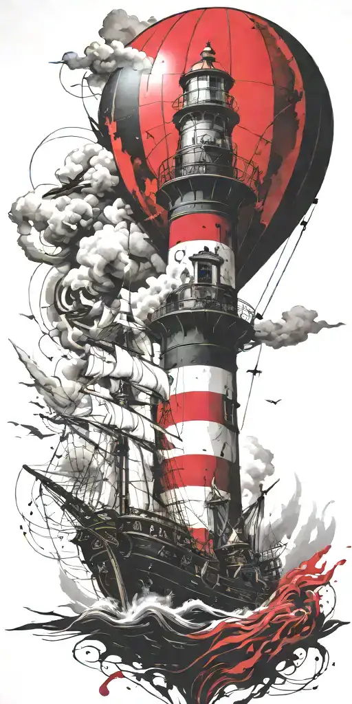 Lighthouse Pirate Ship And A Hot Air Balloon In A Tornado