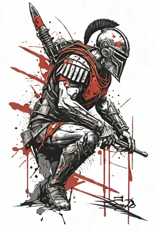 Scars Lines Spartan Soldier Holding Spear And Shield Black Red
