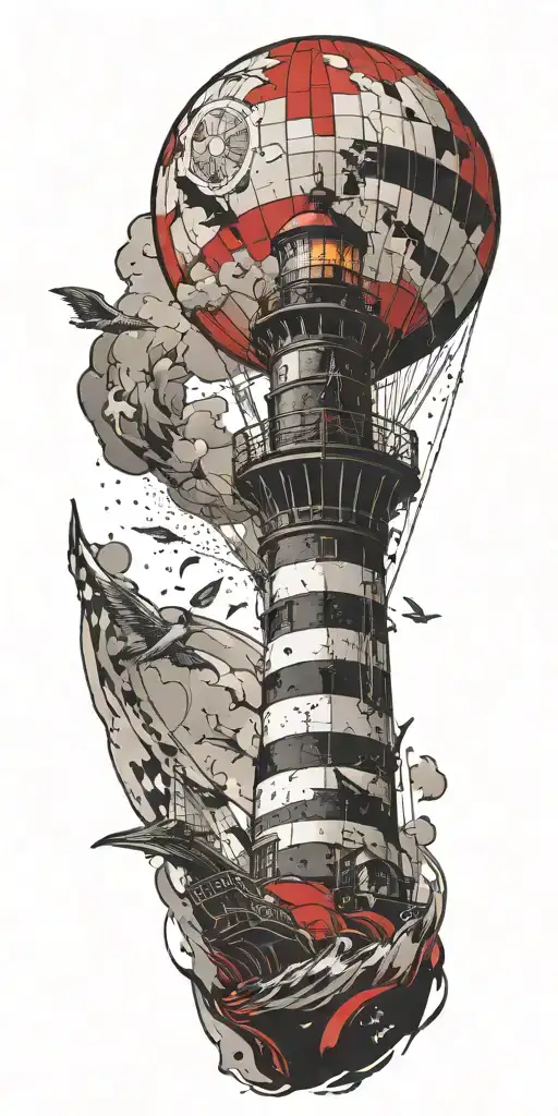Lighthouse With Hot Air Balloon And Shipwreck In A Tornado
