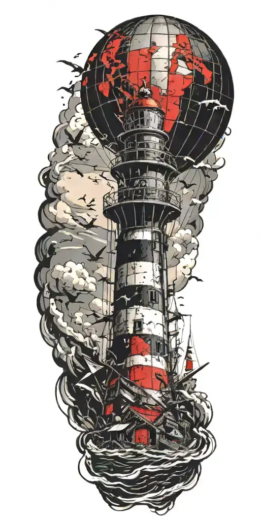 Lighthouse With Hot Air Balloon And Shipwreck In A Tornado