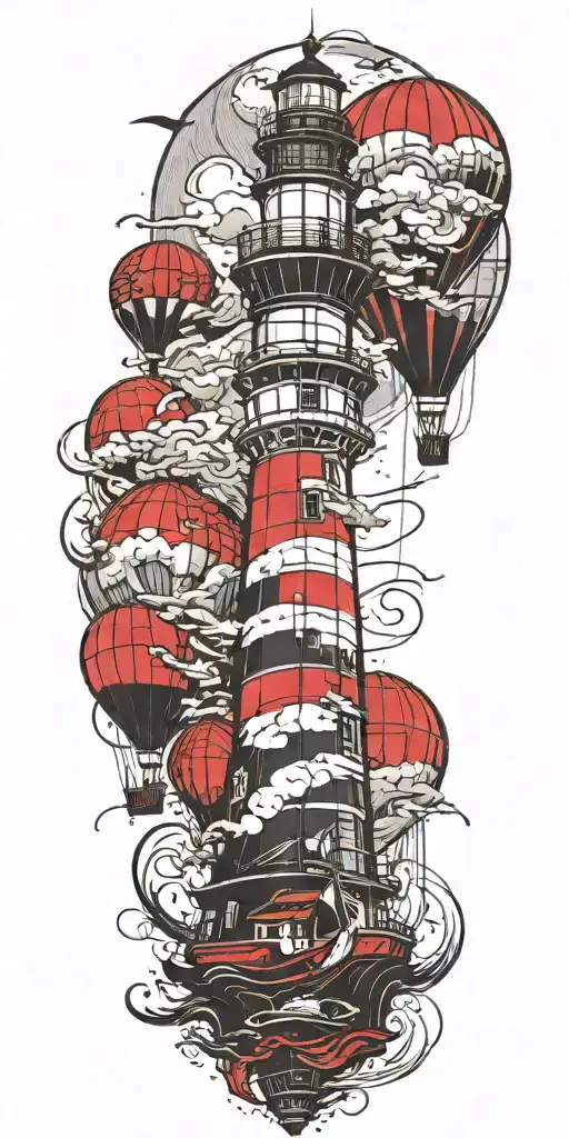 Lighthouse With Hot Air Balloon And Sailboat In A Tornado