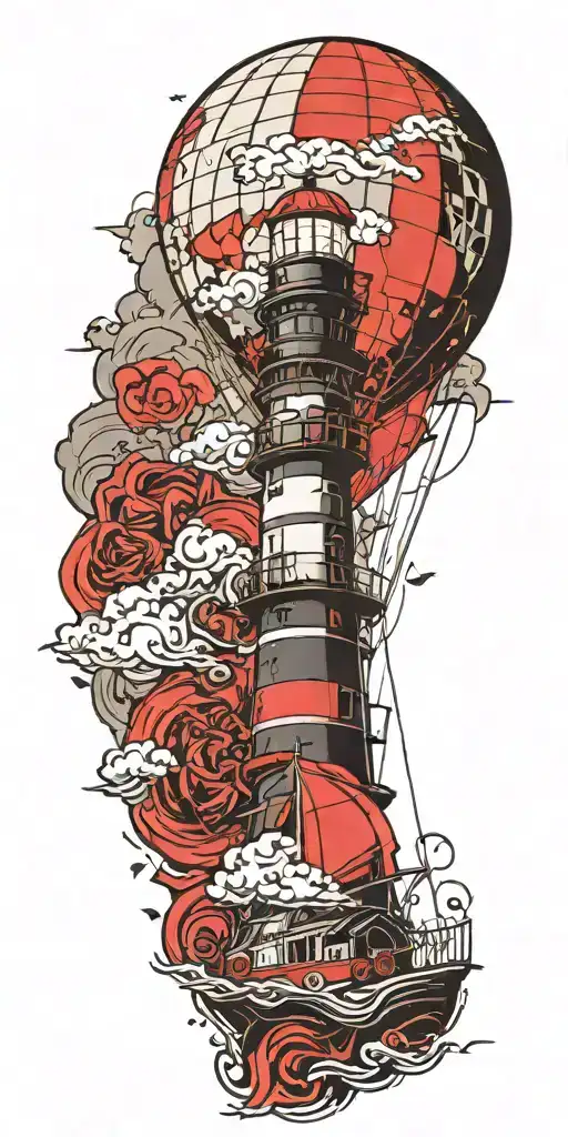 Lighthouse With Hot Air Balloon And Sailboat In A Tornado