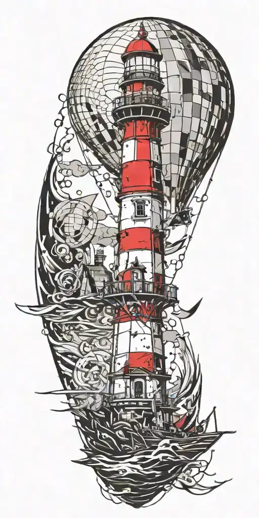 Lighthouse With Hot Air Balloon And Sailboat In A Tornado