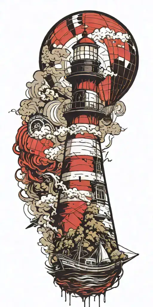 Lighthouse With Hot Air Balloon And Sailboat In A Tornado
