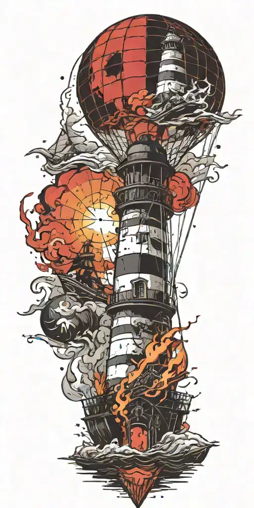 Lighthouse With Hot Air Balloon And Pirate Ship On Fire