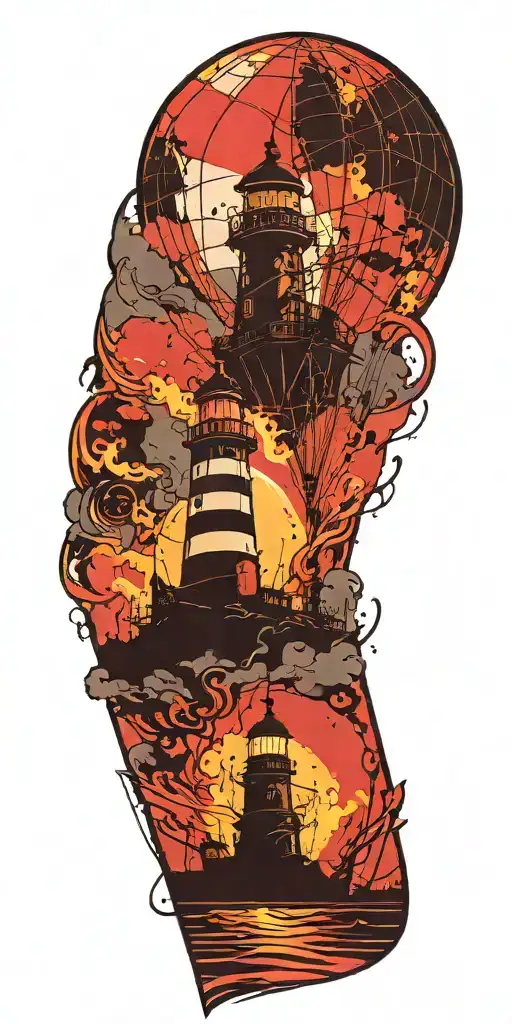 Lighthouse With Hot Air Balloon And Pirate Ship On Fire