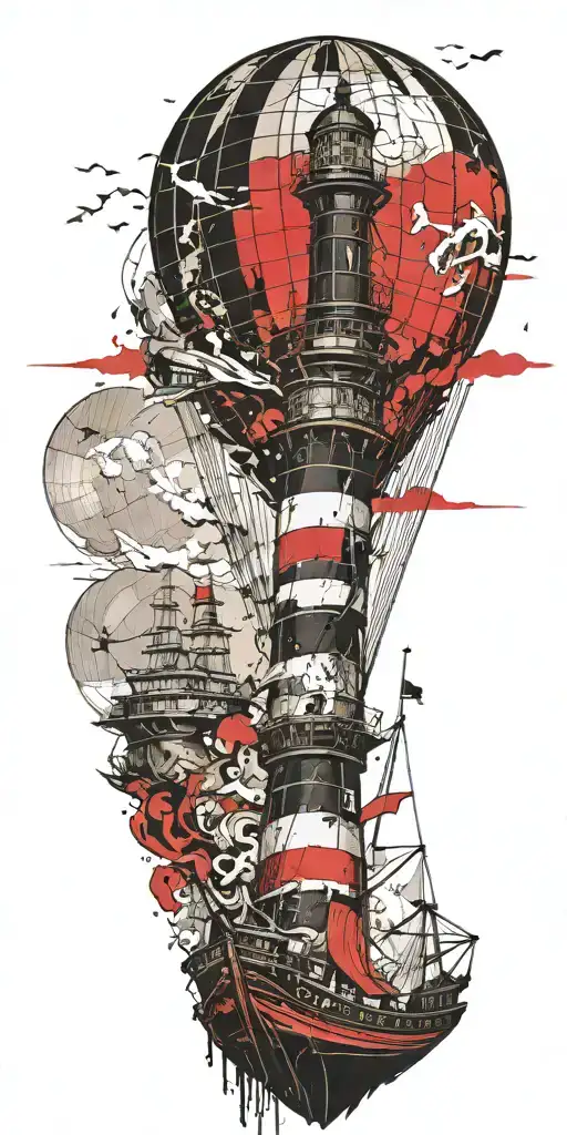 Lighthouse Hot Air Balloon Pirated Ship Hurricane Disaster