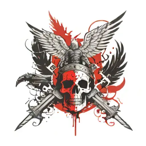 Knight Cross With Crown Over Skull Angel Phoenix Bird
