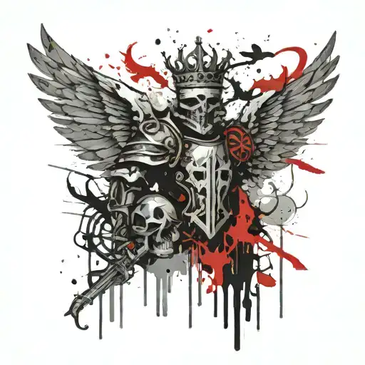 Knight Cross With Crown Over Royal Skull Angel Phoenix Bird Flying