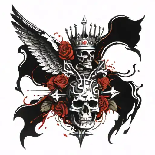 Knight Cross With Crown Over Royal Skull Angel Phoenix Bird Flying Red Rose