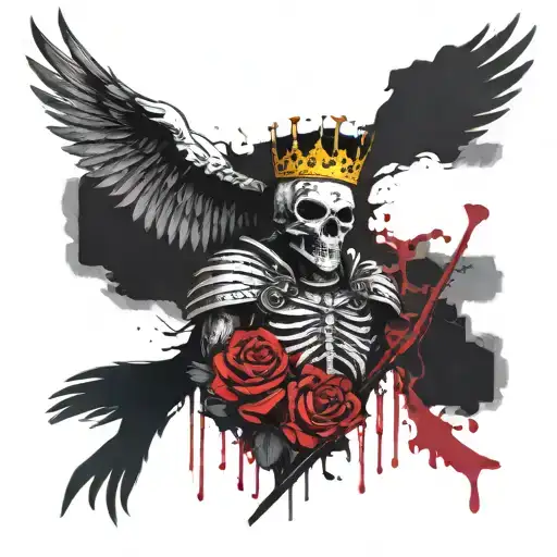 Knight Cross With Crown Over Royal Skull Angel Phoenix Bird Flying Red Rose