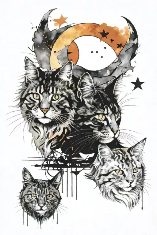Two Maine Coon Cats With A Sun And Moon Theme