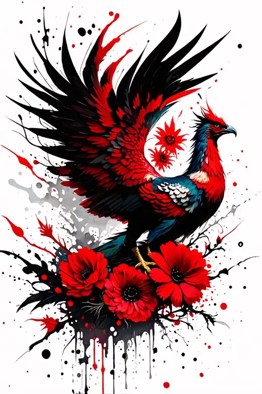 Phoenix With Flowers And Abstract Lines