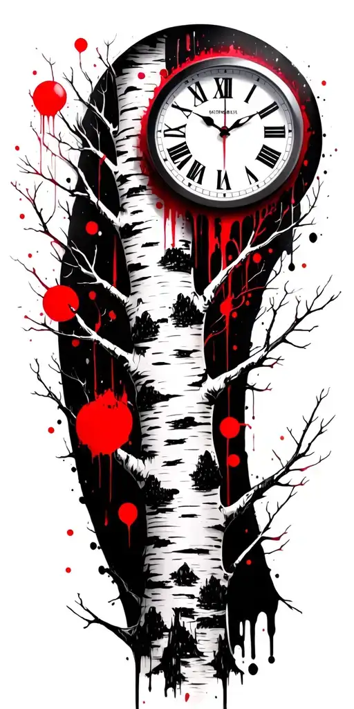 Birch Tree White Branches And Three Clocks