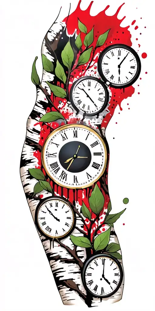 Birch Branches With Green Leaves With Only Three Clocks Integrated Into It For An Arm Sleeve